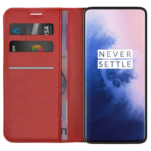 Leather Wallet Case & Card Holder Pouch for OnePlus 7 Pro - Red